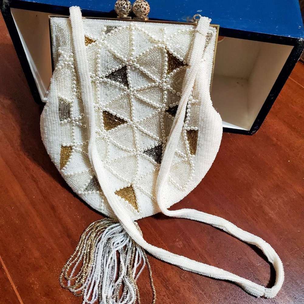 Women's Beaded Clutch‎ Purse White/Gold Geometric Tassel Evening Bag Vintage